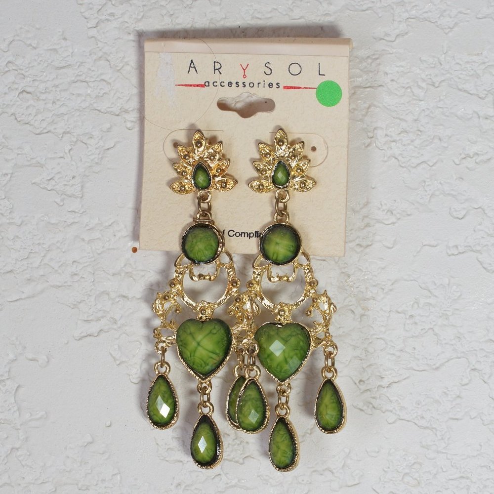 Gold dangling earrings with green stones.